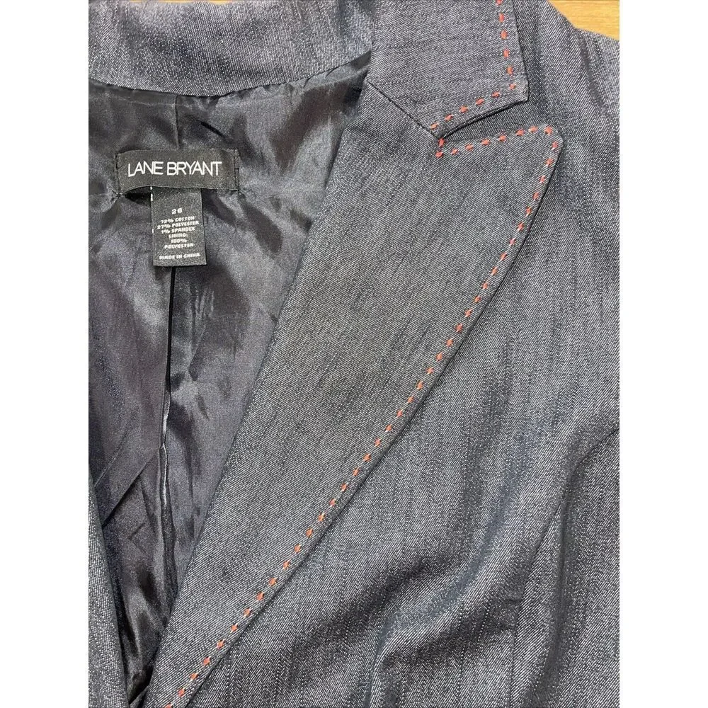 Lane Bryant Blazer Women 26‎ Dark Chambray Embroidered Red Stitched Peak Lapel